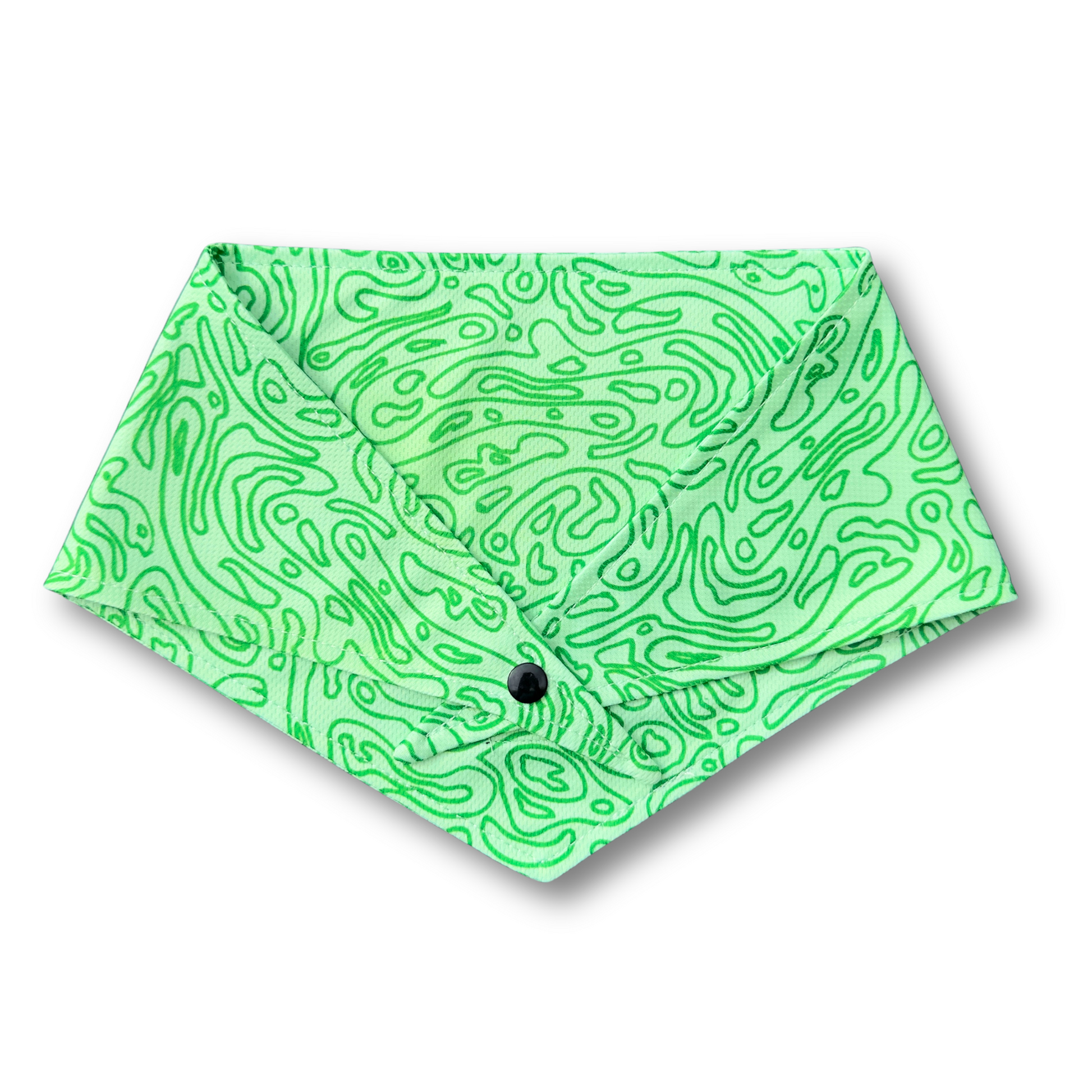 A stylish green dog bandana featuring a topographic map design. Adjustable with tie and button options for a secure and comfortable fit—perfect for adventure-loving pups!