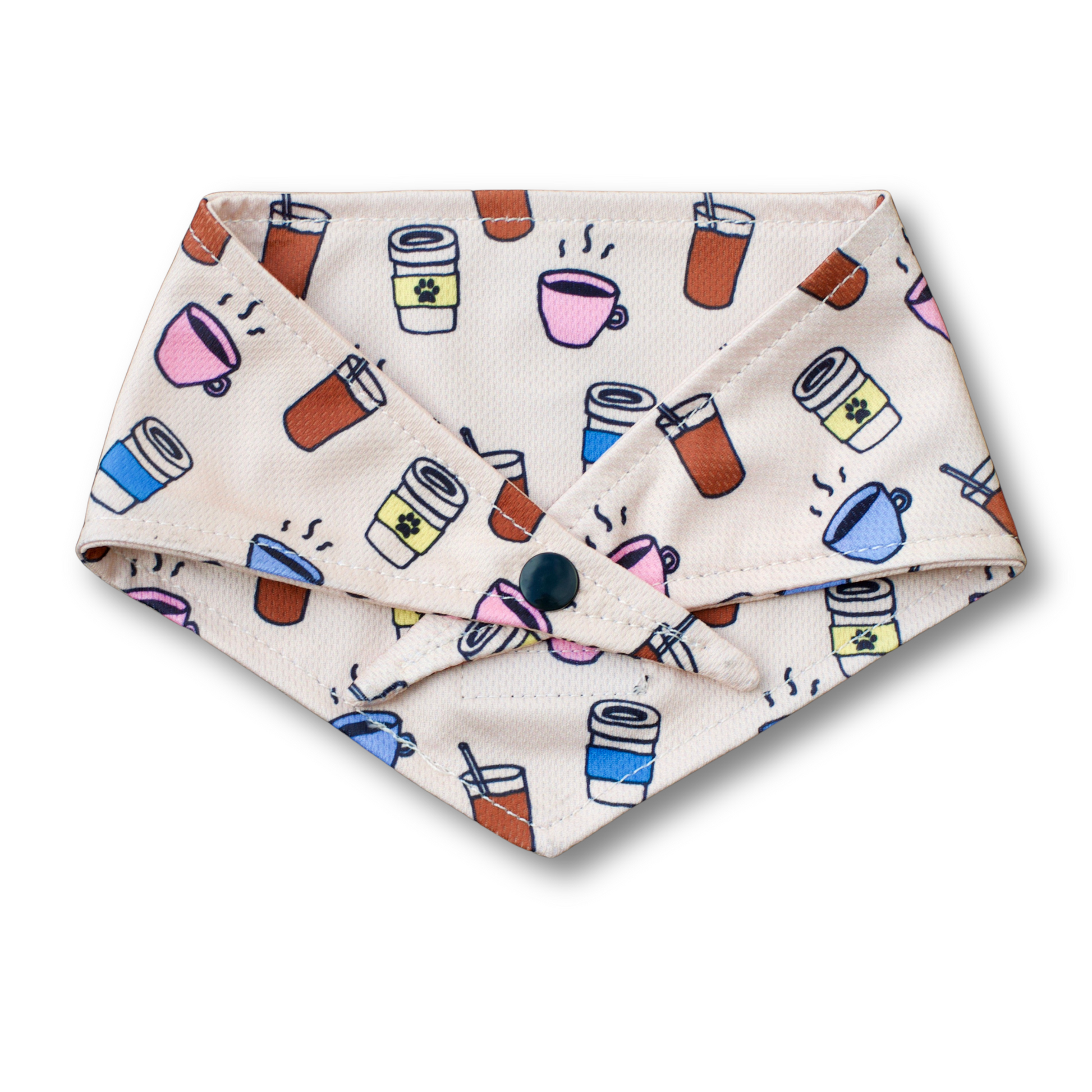 A cozy, coffee-themed dog bandana featuring fun coffee-related designs. Adjustable with tie and button options—perfect for coffee lovers and their stylish pups!