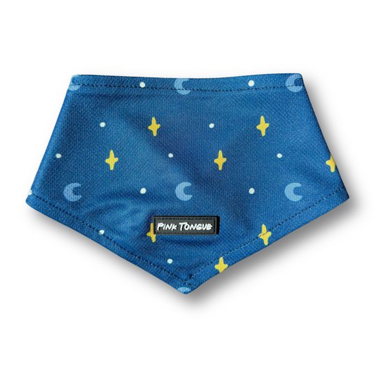 A celestial-themed dog bandana featuring a beautiful moon and star design
