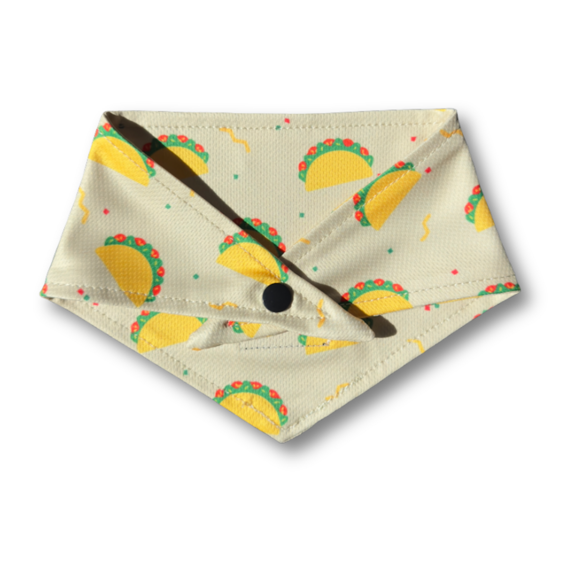 A fun and festive dog bandana featuring a colorful taco print, perfect for pups who love to celebrate Taco Tuesday in style. Designed for comfort and versatility, it can be tied, buttoned, or both for a secure and adjustable fit. Great for food-loving dogs, parties, or casual outings with a playful twist!