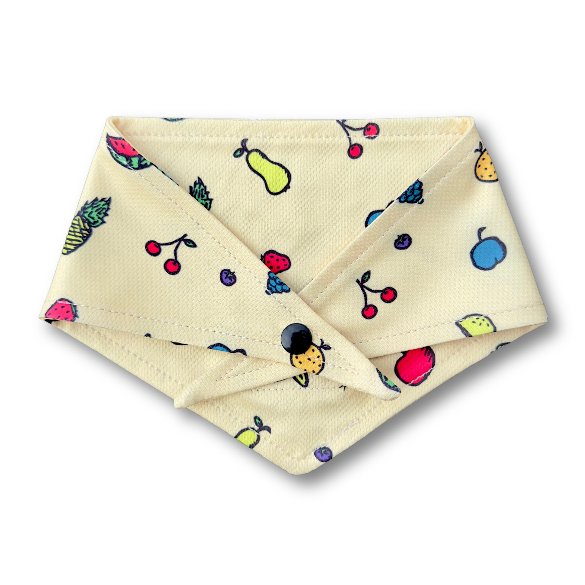 A vibrant, fruit-patterned dog bandana featuring colorful fruit illustrations on a soft fabric. Designed for a secure fit with tie and button options. Perfect for any occasion!