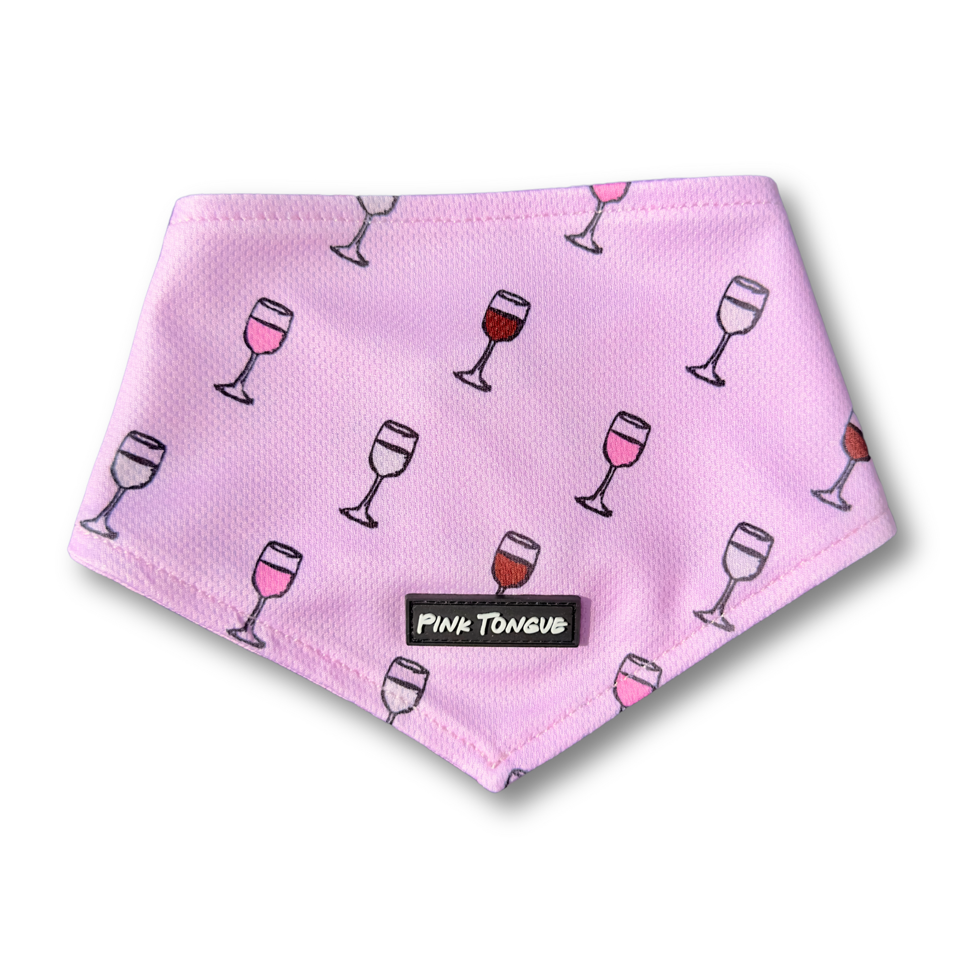 A stylish dog bandana with a wine-themed design, featuring elegant illustrations of red, white, champagne, and rosé elements. Adjustable fit with tie and button options—perfect for wine lovers!