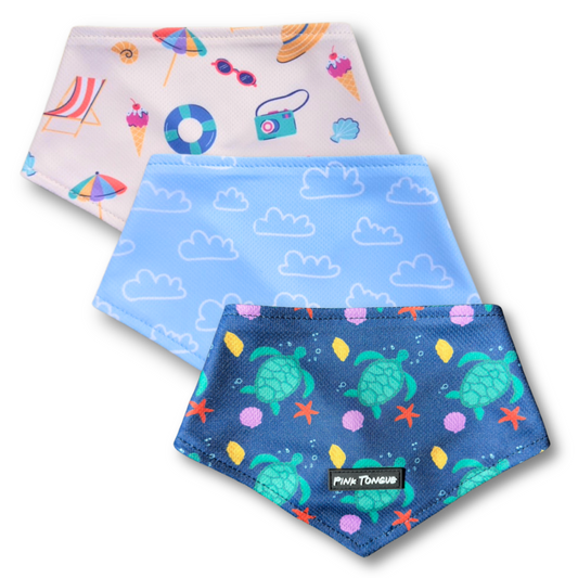 Three beach themed dog bandanas on a white background.