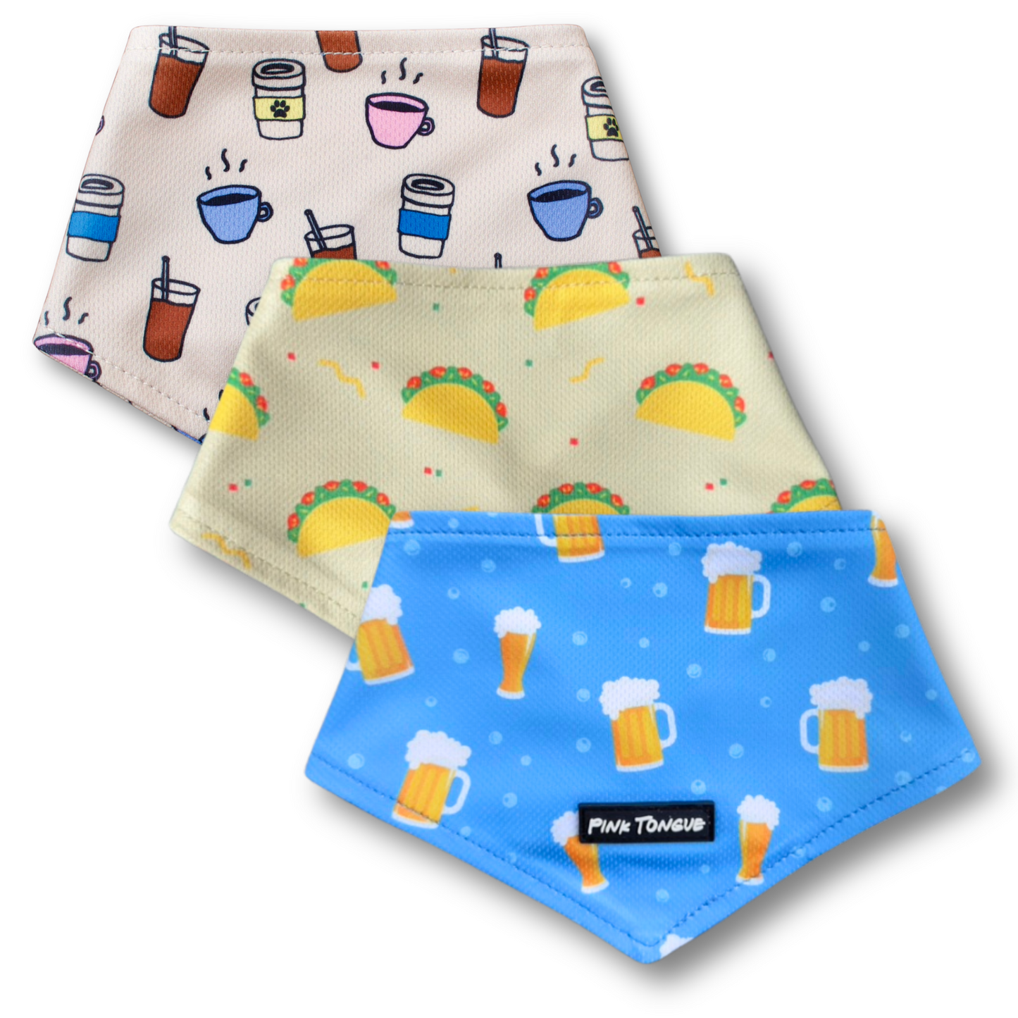 Three colorful dog bandanas with different patterns on a white background