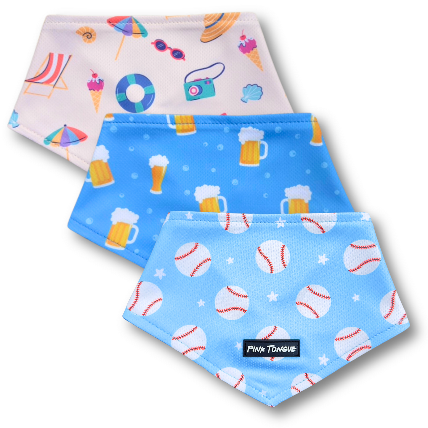 Three colorful dog bandanas with different patterns on a white background