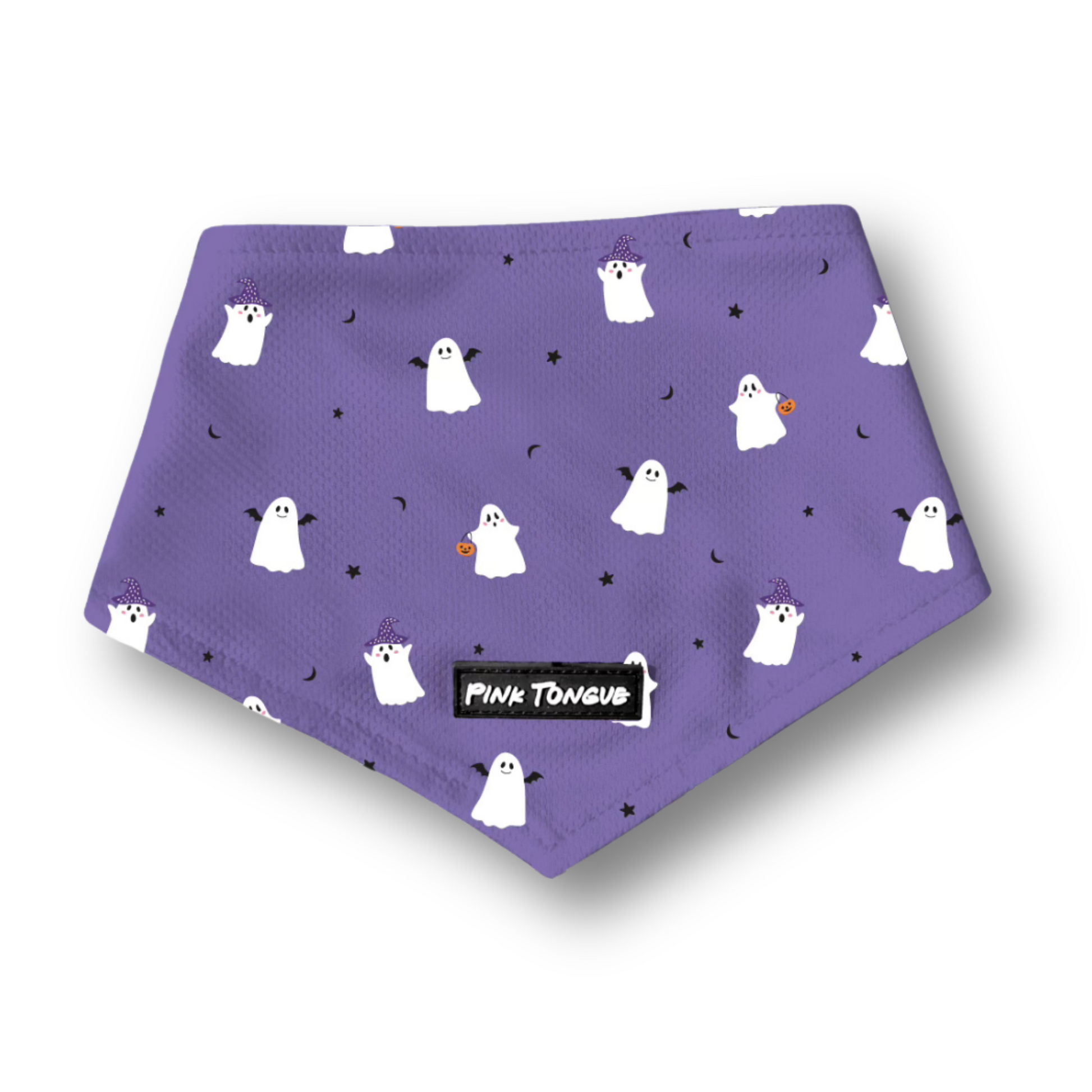 Purple dog bandana with ghost pattern and 'Pink Tongue' label on a white background