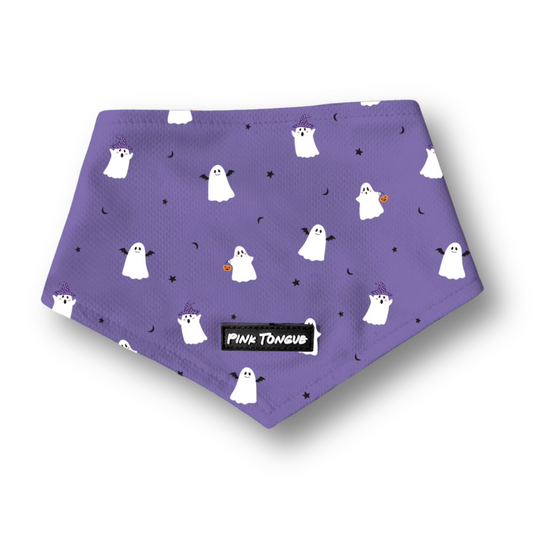 Purple dog bandana with ghost pattern and 'Pink Tongue' label on a white background