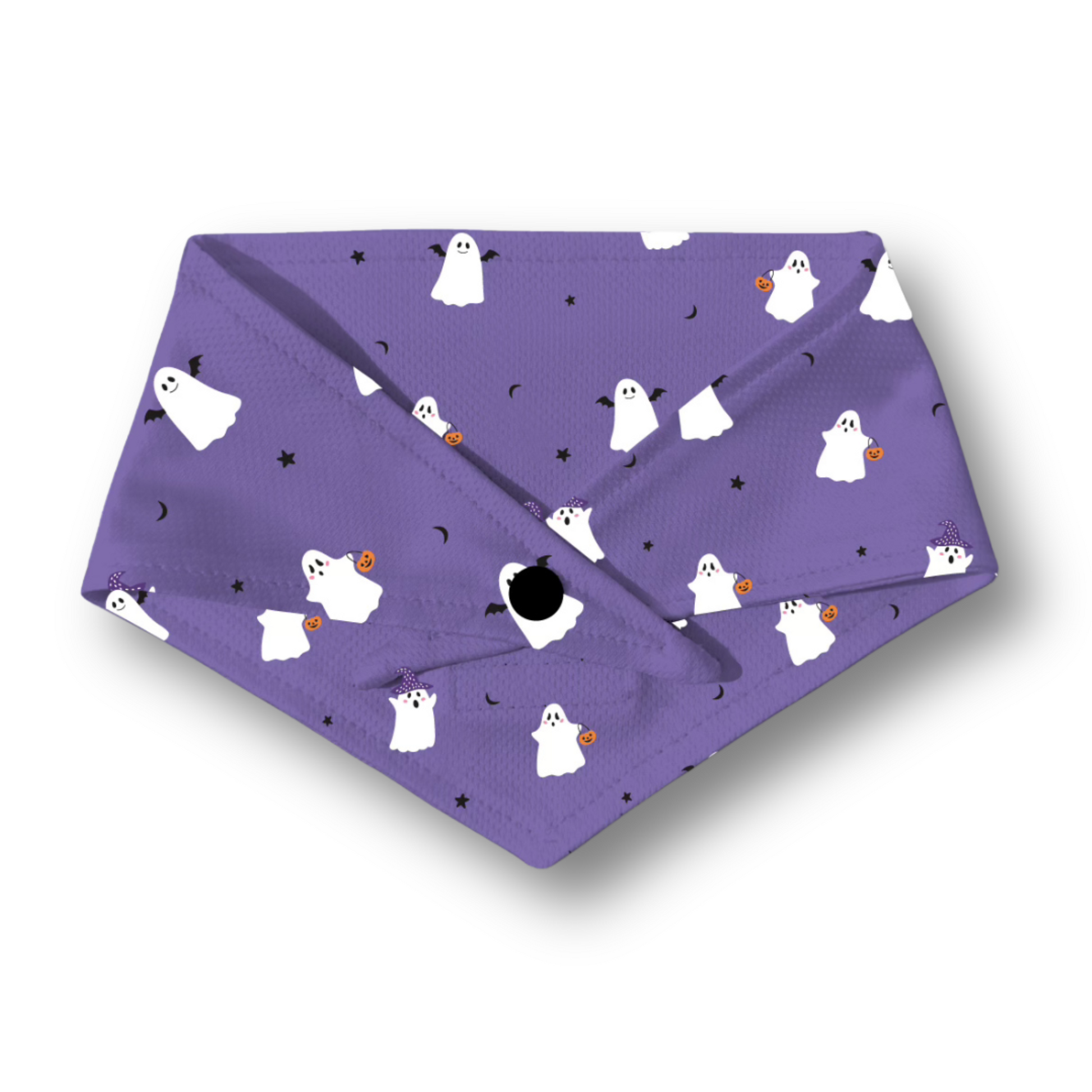 Purple dog bandana with ghost pattern on a white background
