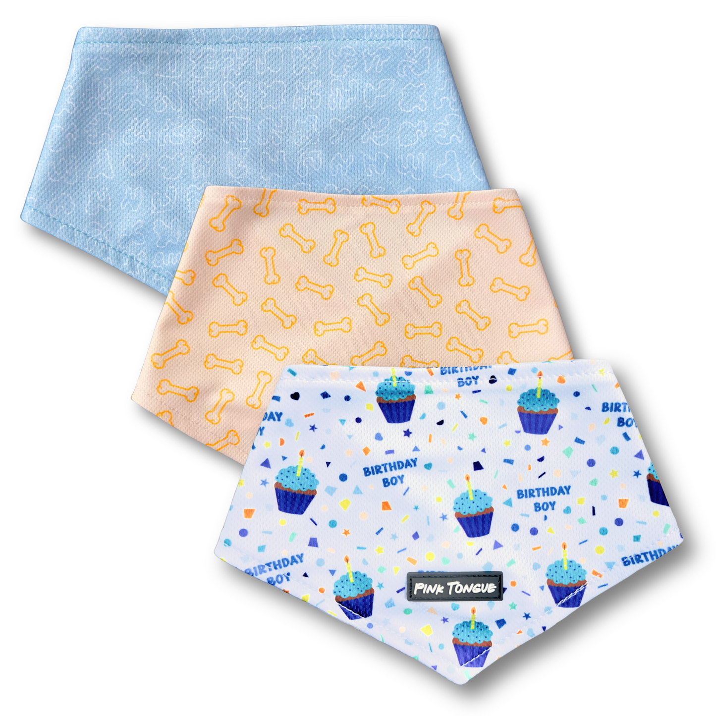 Three birthday boy dog bandanas with different patterns on a white background