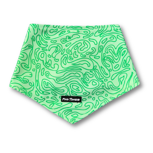 A stylish green dog bandana featuring a topographic map design. Adjustable with tie and button options for a secure and comfortable fit—perfect for adventure-loving pups!