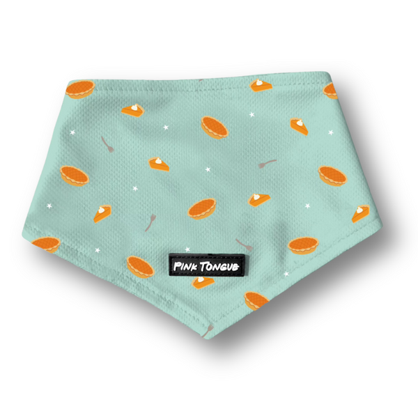 Teal dog bandana with orange pie pattern and 'Pink Tongue' label on a white background